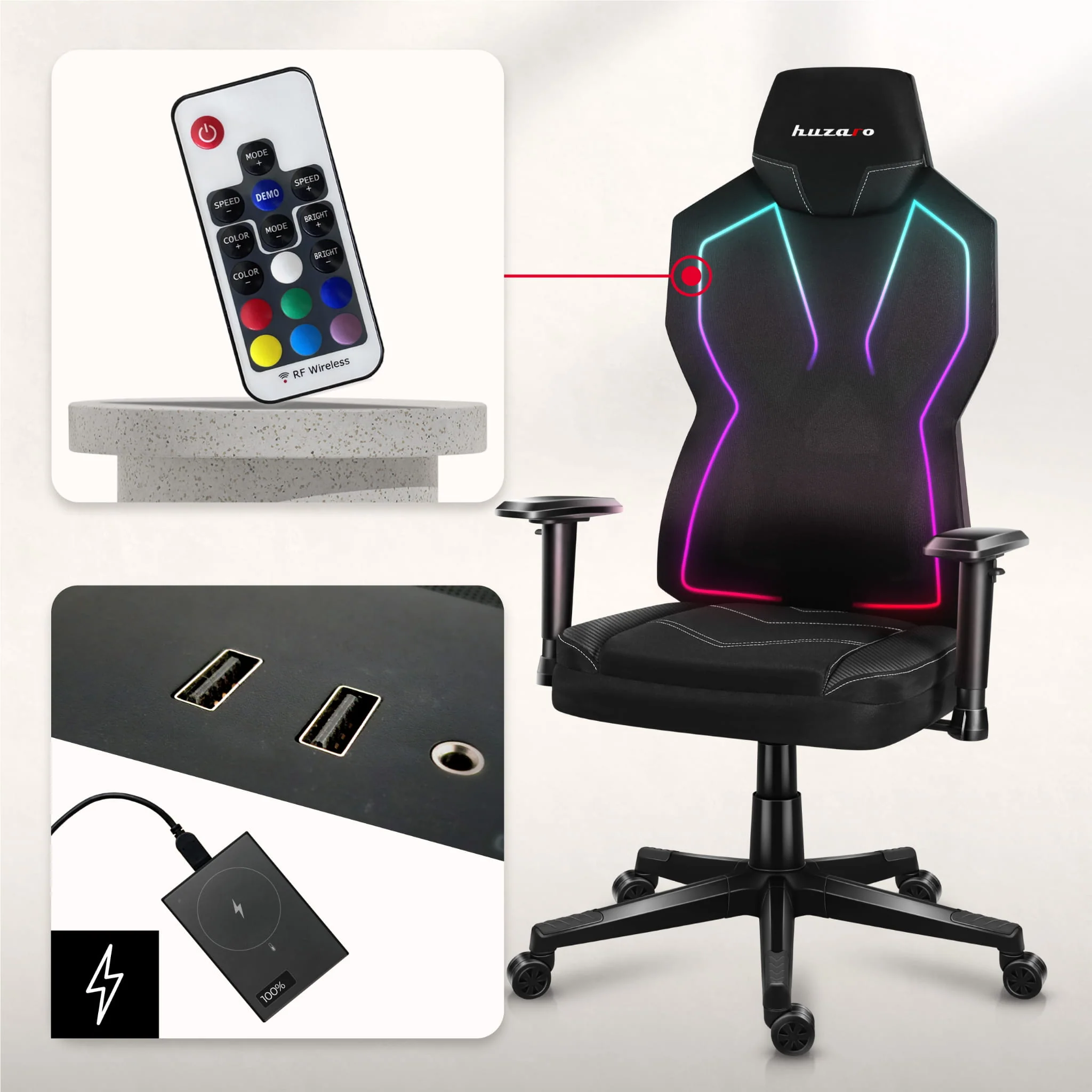 HUZARO Combat 6.2 Schwarzer RGB LED Gaming-Stuhl - Image 6
