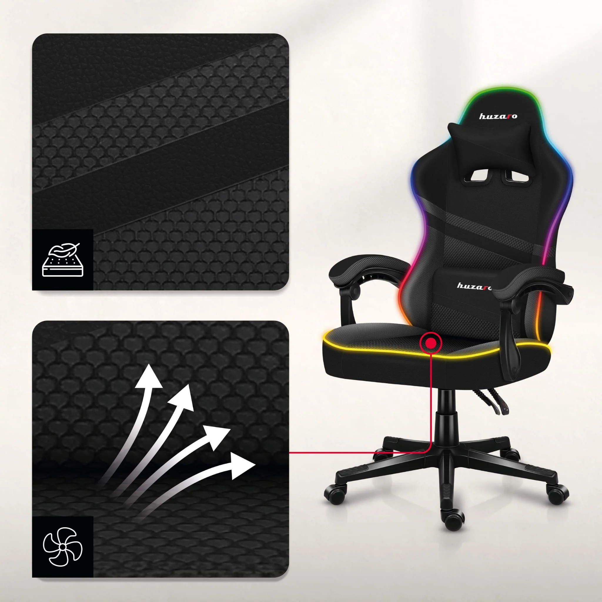 HUZARO FORCE 4.4 RGB LED Schwarz Mesh Gaming-Stuhl - Image 17