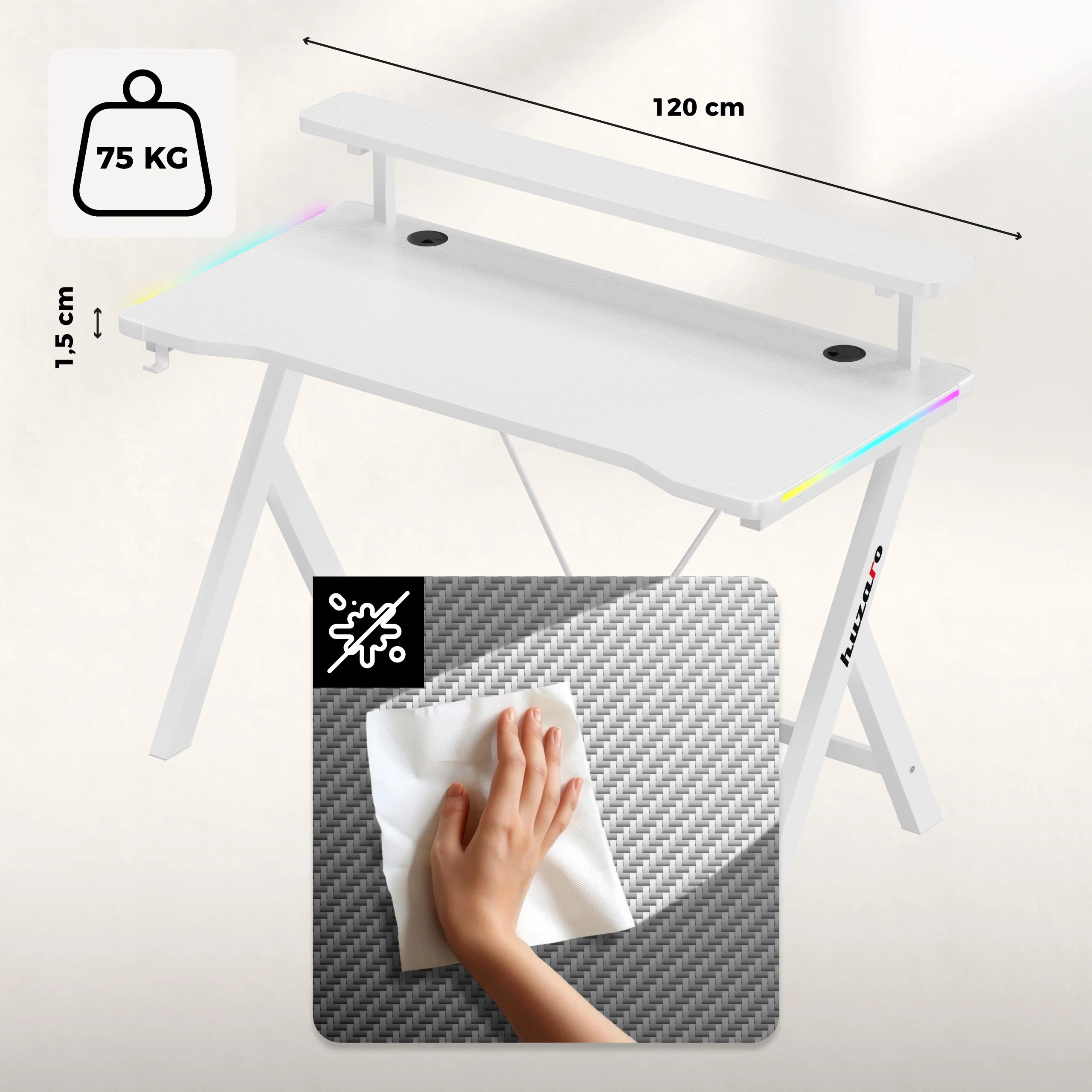 LED-Gaming-Schreibtisch Huzaro Hero 1.9 RGB Weiß 120 cm - Image 5