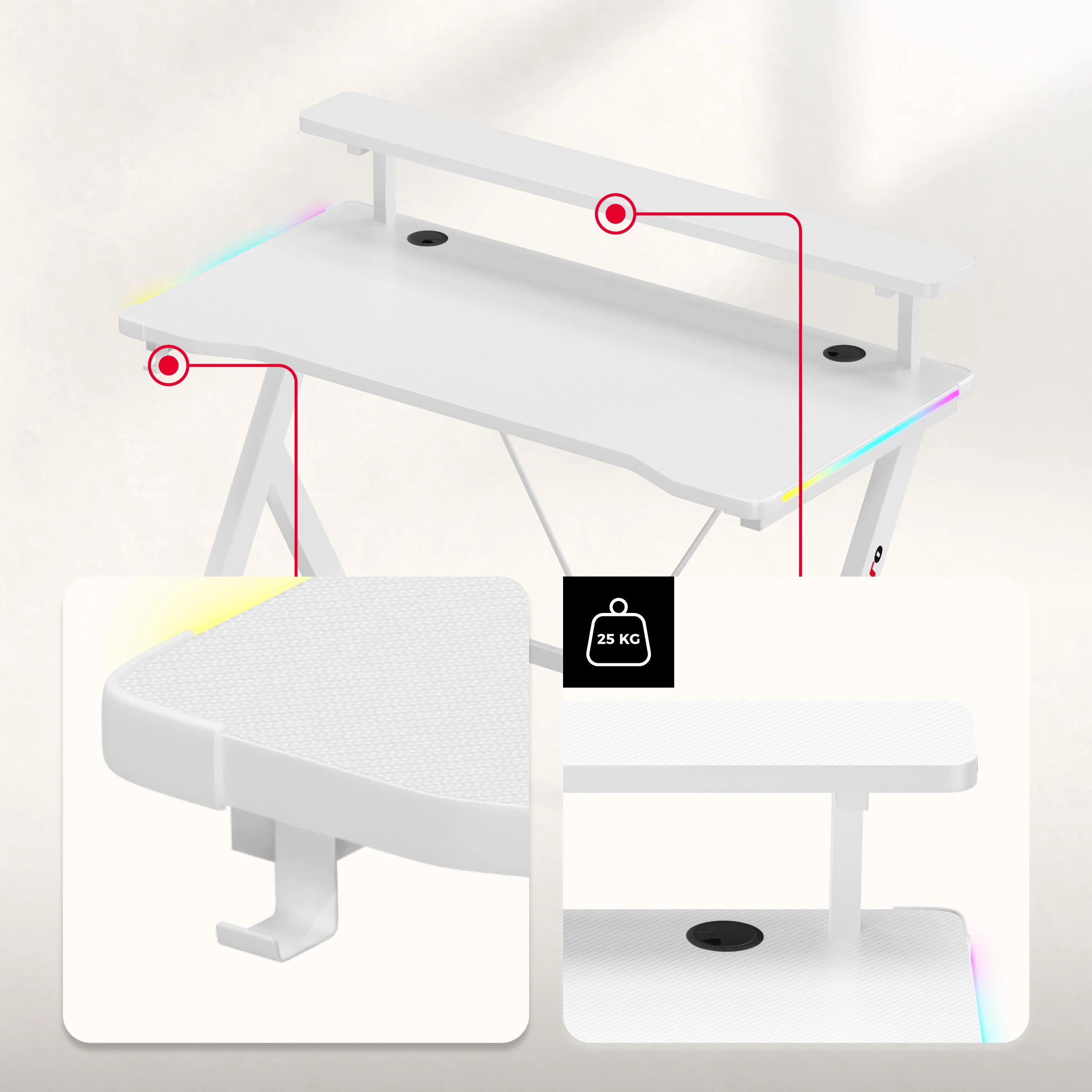 LED-Gaming-Schreibtisch Huzaro Hero 1.9 RGB Weiß 120 cm - Image 7