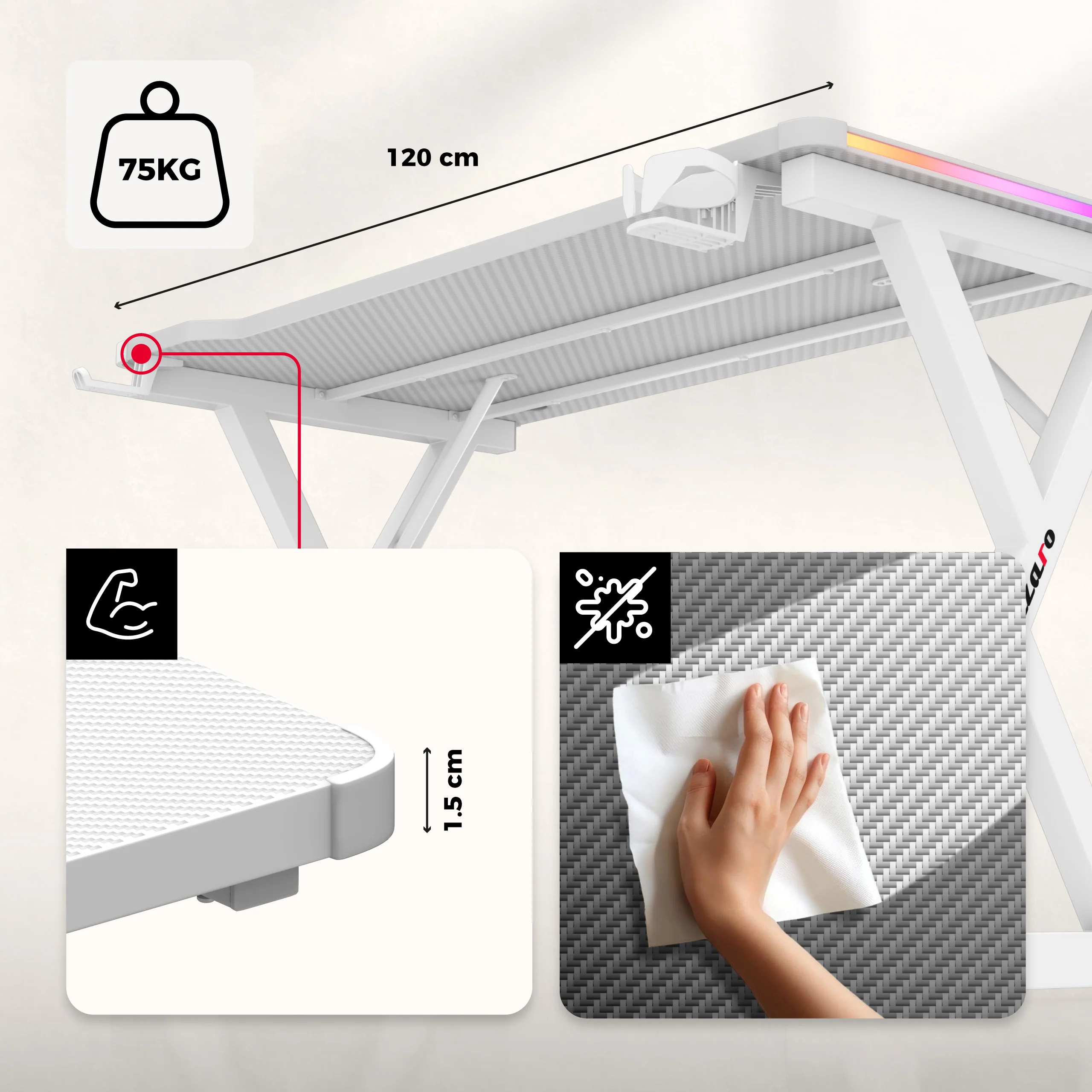LED Gaming-Schreibtisch Huzaro Hero 2.3 RGB White 120 cm - Image 16