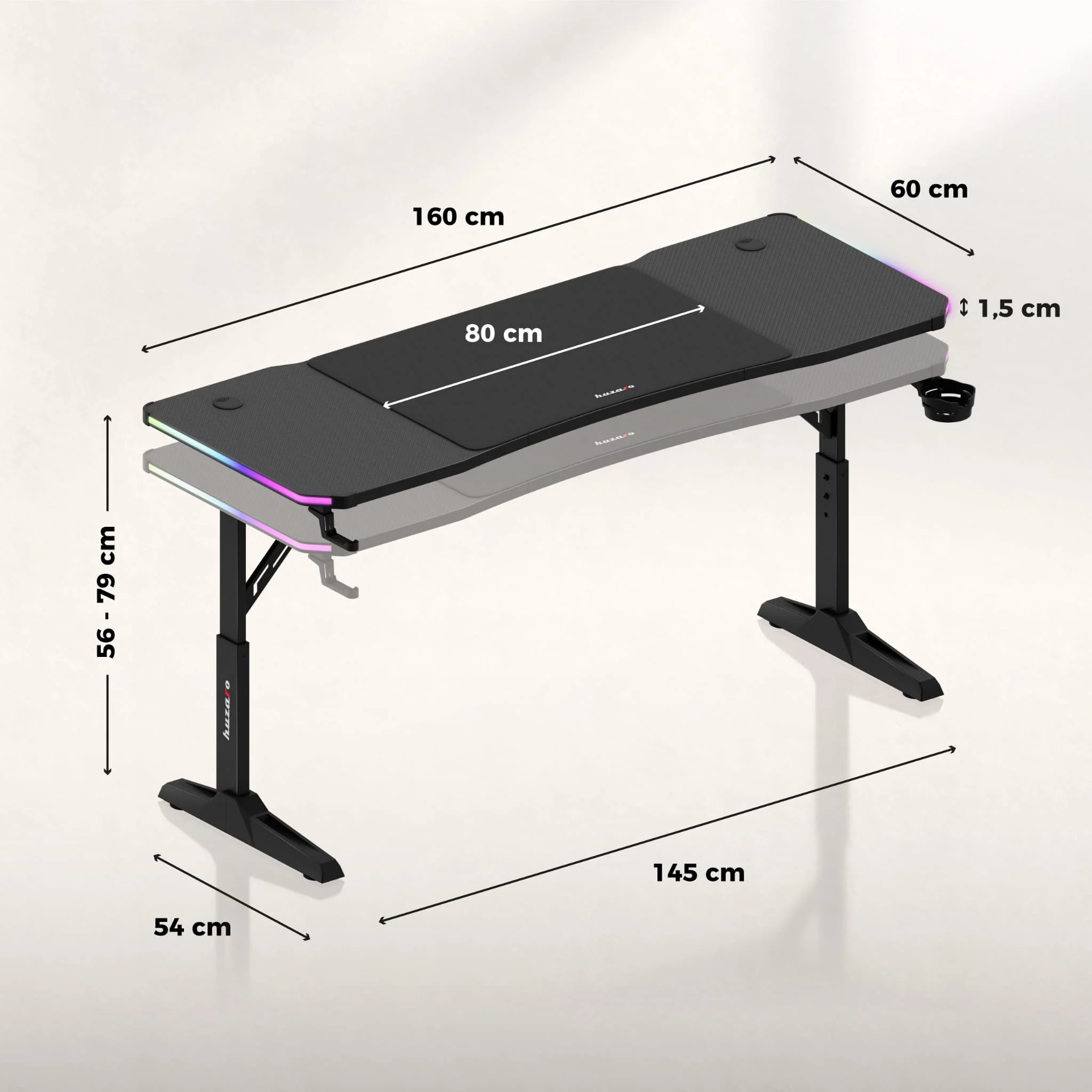 LED Gaming-Schreibtisch Huzaro Hero 4.6 RGB Schwarz 160 cm - Image 12