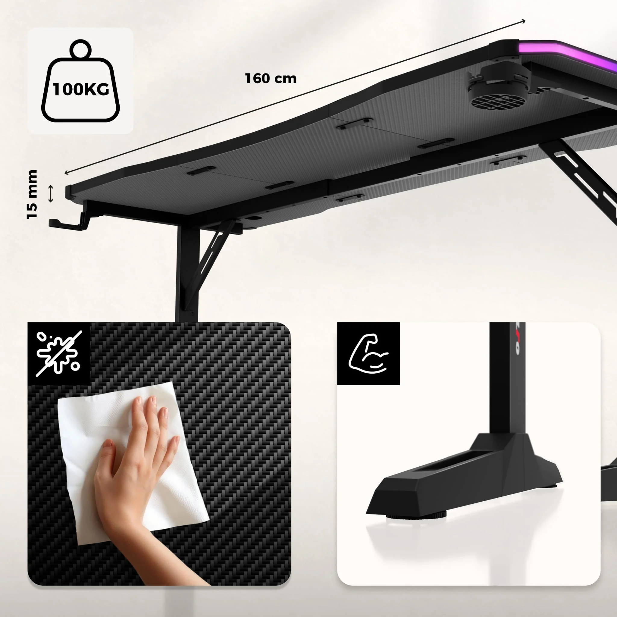 LED Gaming-Schreibtisch Huzaro Hero 4.6 RGB Schwarz 160 cm - Image 14